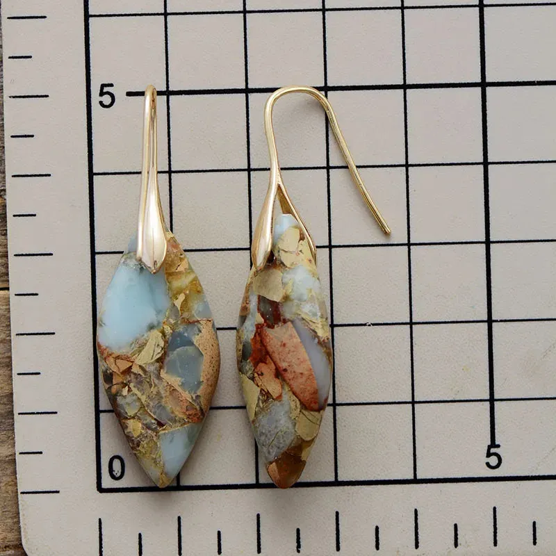 'Jasper' Leaf Gold Dangle Earrings - blue