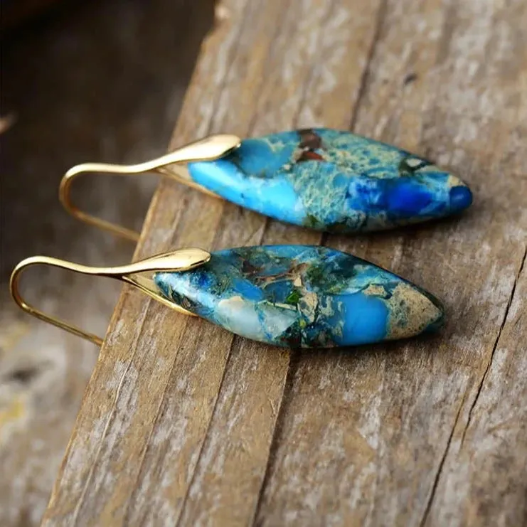 'Jasper' Leaf Gold Dangle Earrings - blue