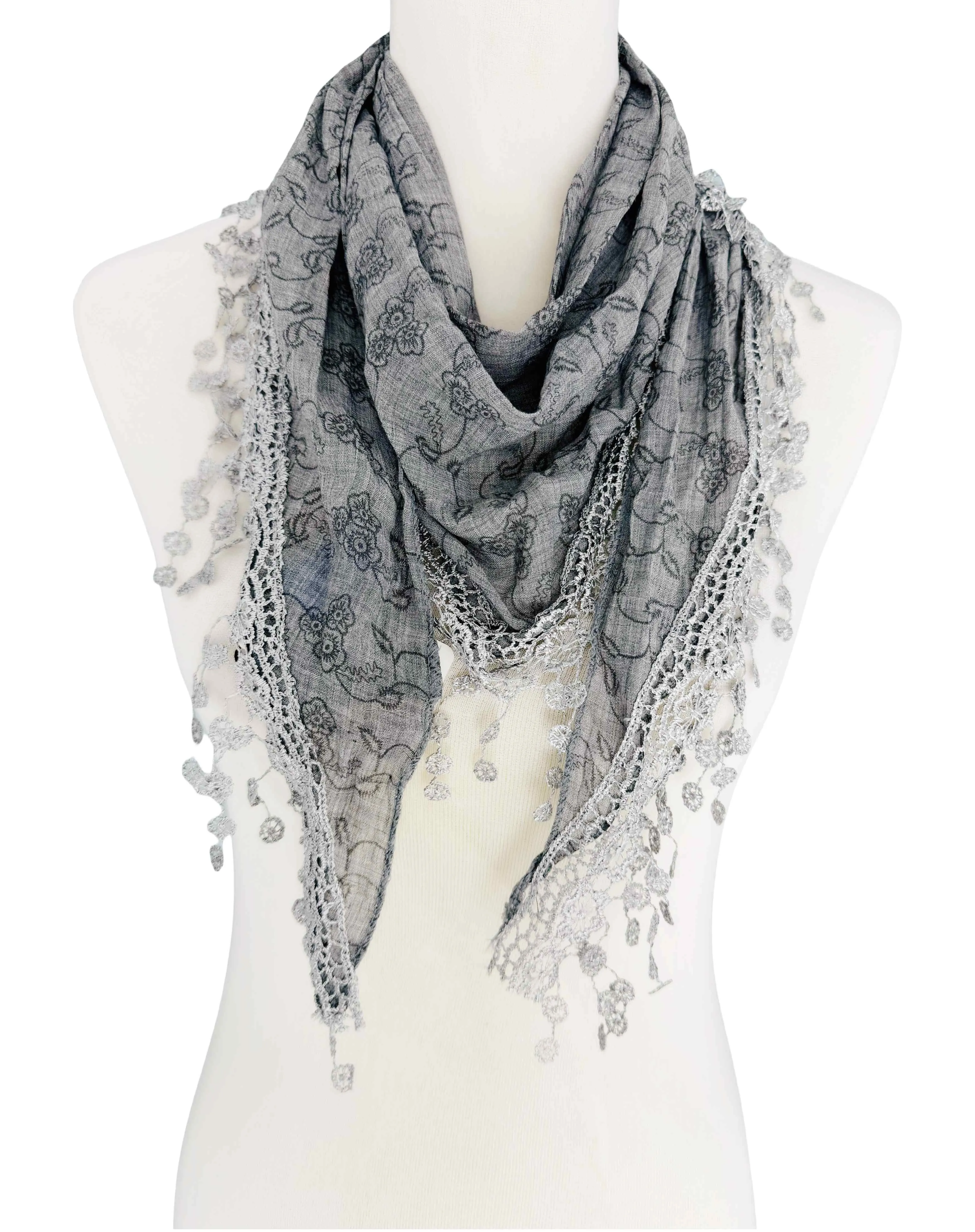 JC021605 2 Colors Lace Fringe Triangular Ditsy Floral Scarf