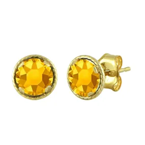 Jewelili 10K Yellow Gold with Round Topaz Crystal Stud Earrings