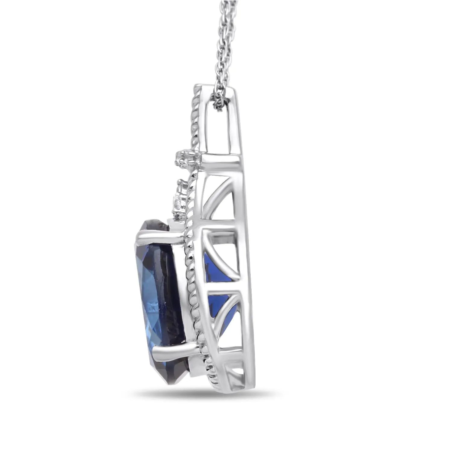 Jewelili Sterling Silver With Created Blue Sapphire and Created White Sapphire Pendant Necklace