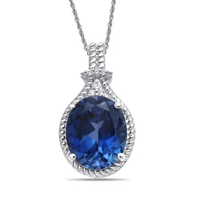 Jewelili Sterling Silver With Created Blue Sapphire and Created White Sapphire Pendant Necklace