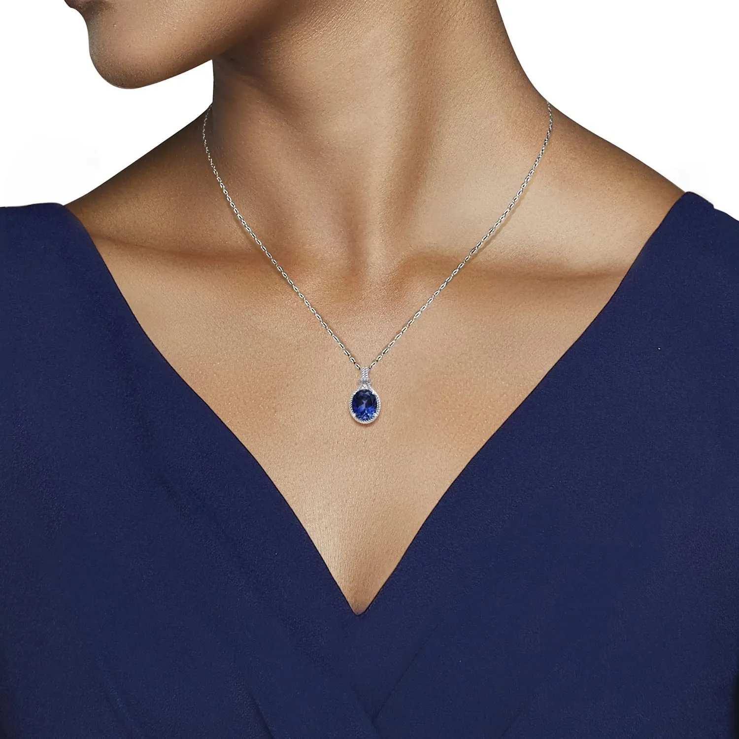 Jewelili Sterling Silver With Created Blue Sapphire and Created White Sapphire Pendant Necklace