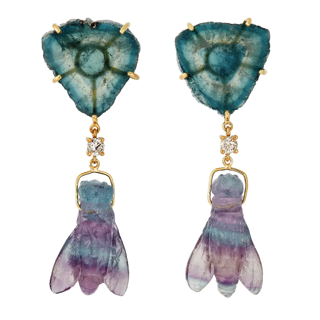 Lagoon Bee 18K Gold One of a Kind Gemstone Earrings