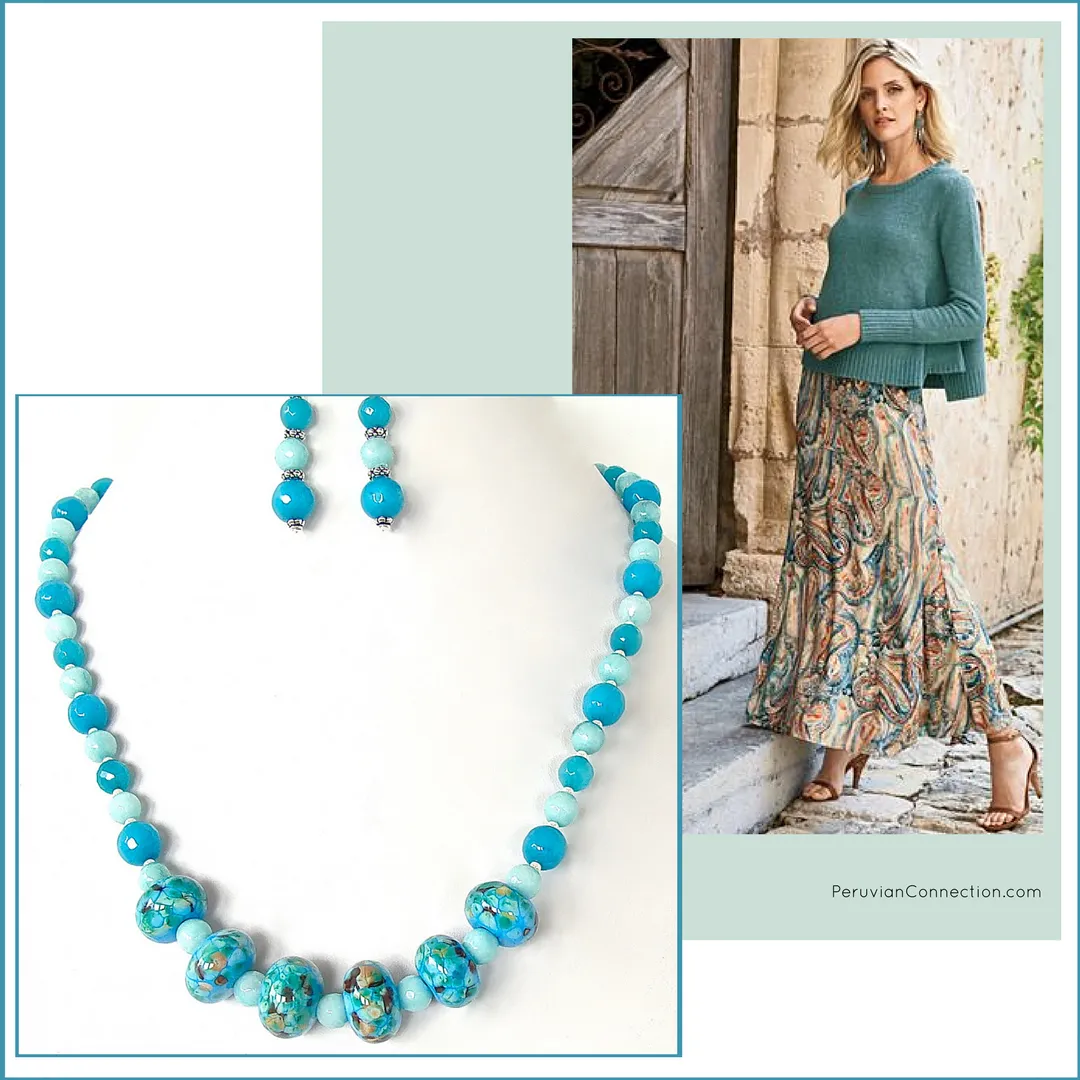 Langley: Blue and Green Beaded Necklace Set