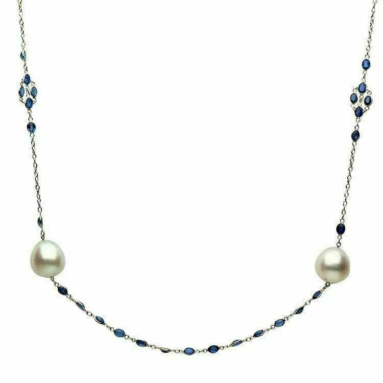 LARGE 5CT SAPPHIRE & SOUTH SEA PEARL 14K WHITE GOLD BY THE YARD TIN CUP NECKLACE