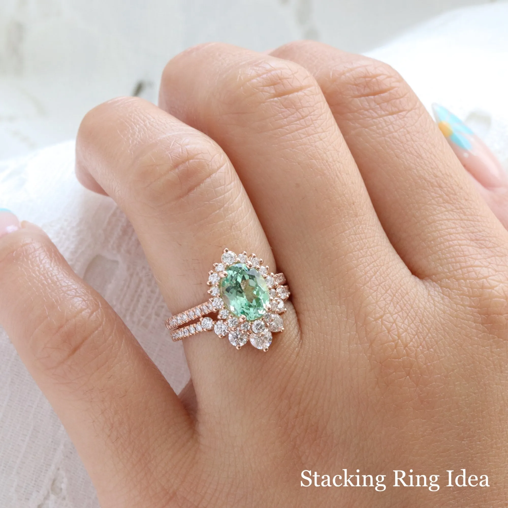 Large Oval Green Sapphire Ring in Tiara Halo Diamond Pave Band