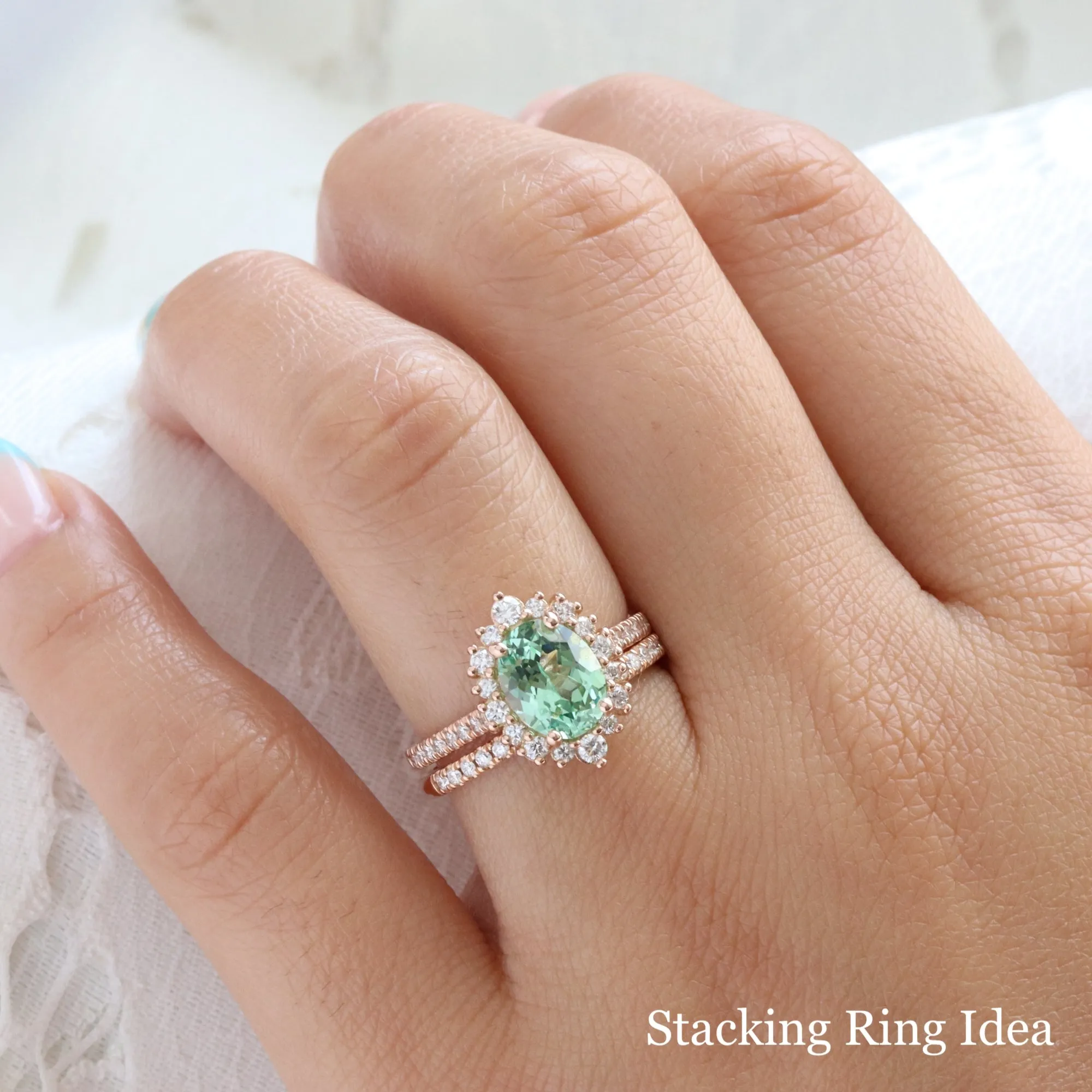 Large Oval Green Sapphire Ring in Tiara Halo Diamond Pave Band