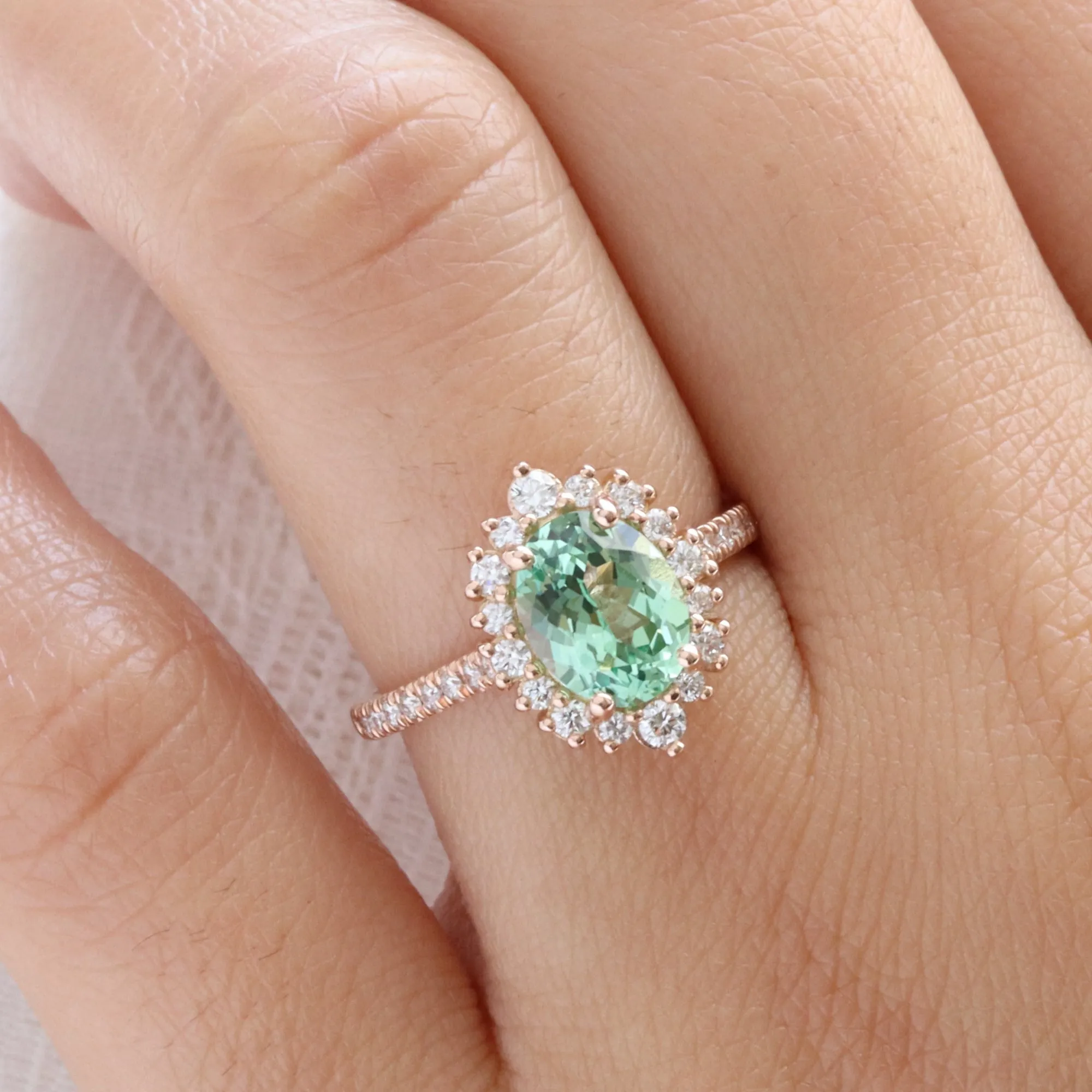 Large Oval Green Sapphire Ring in Tiara Halo Diamond Pave Band