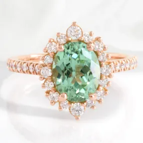 Large Oval Green Sapphire Ring in Tiara Halo Diamond Pave Band