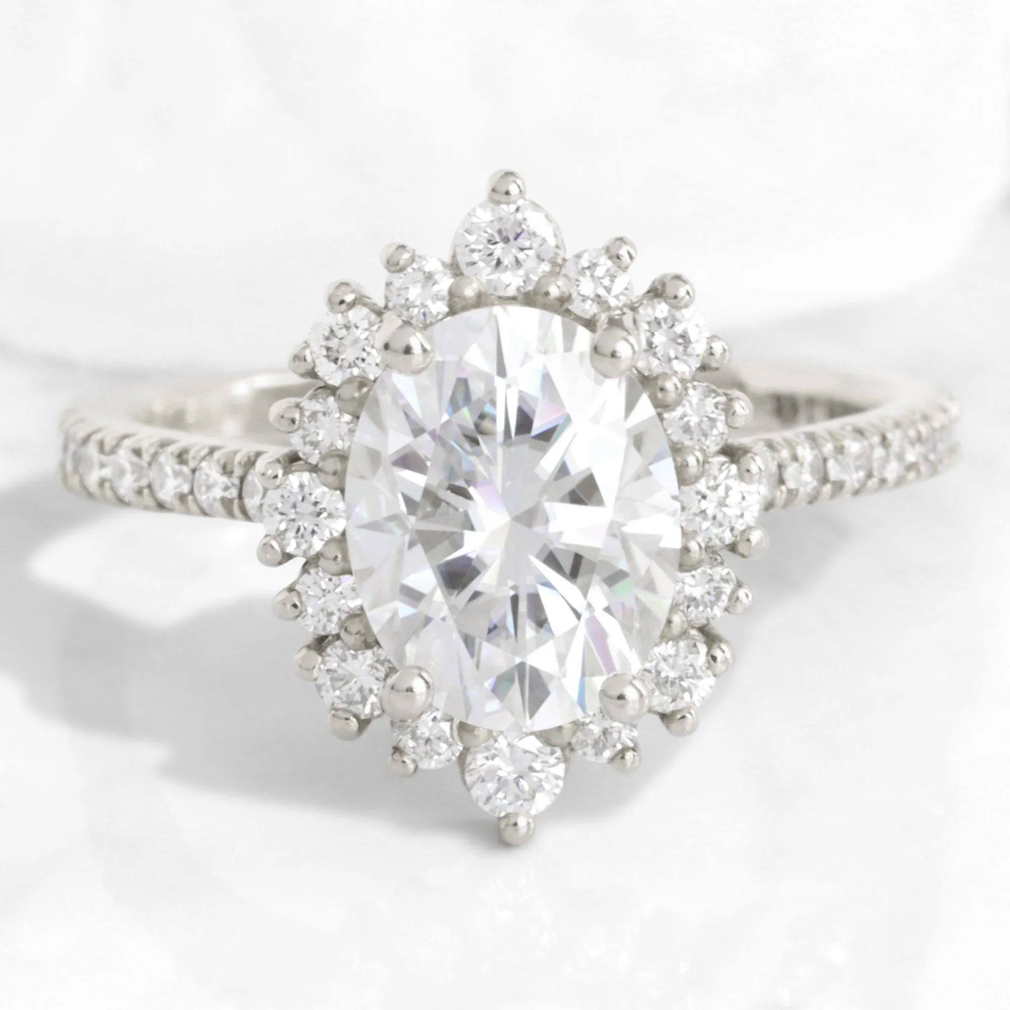 Large Oval Moissanite Ring in Tiara Halo Diamond Pave Band