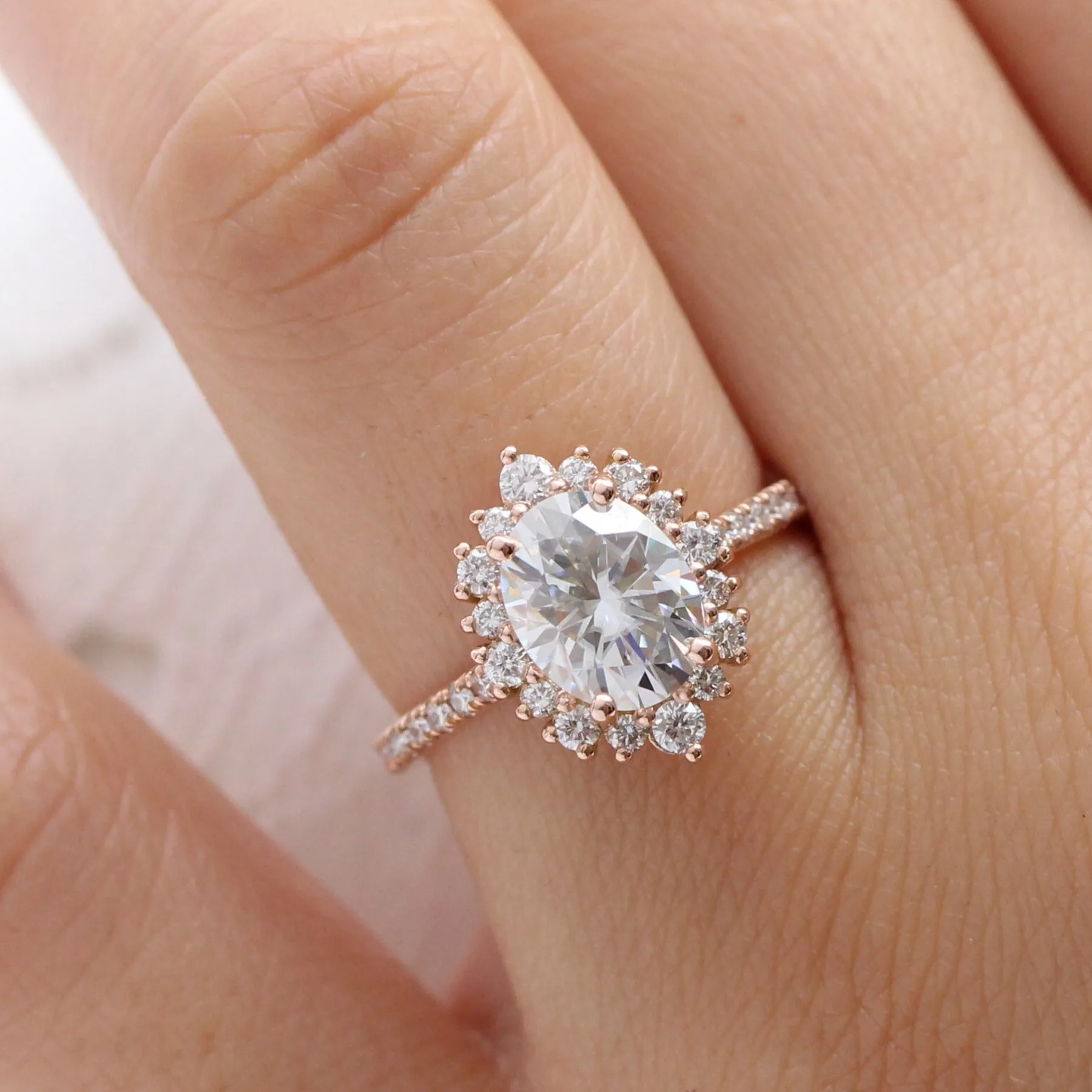 Large Oval Moissanite Ring in Tiara Halo Diamond Pave Band