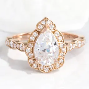 Large Pear Moissanite Ring in 14k Rose Gold Vintage Floral Diamond, Size 6.25