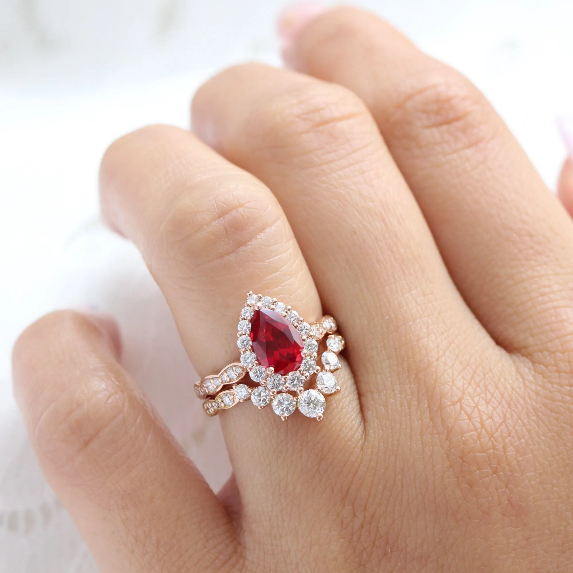 Large Pear Ruby Engagement Ring in Tiara Halo Diamond Scalloped Band