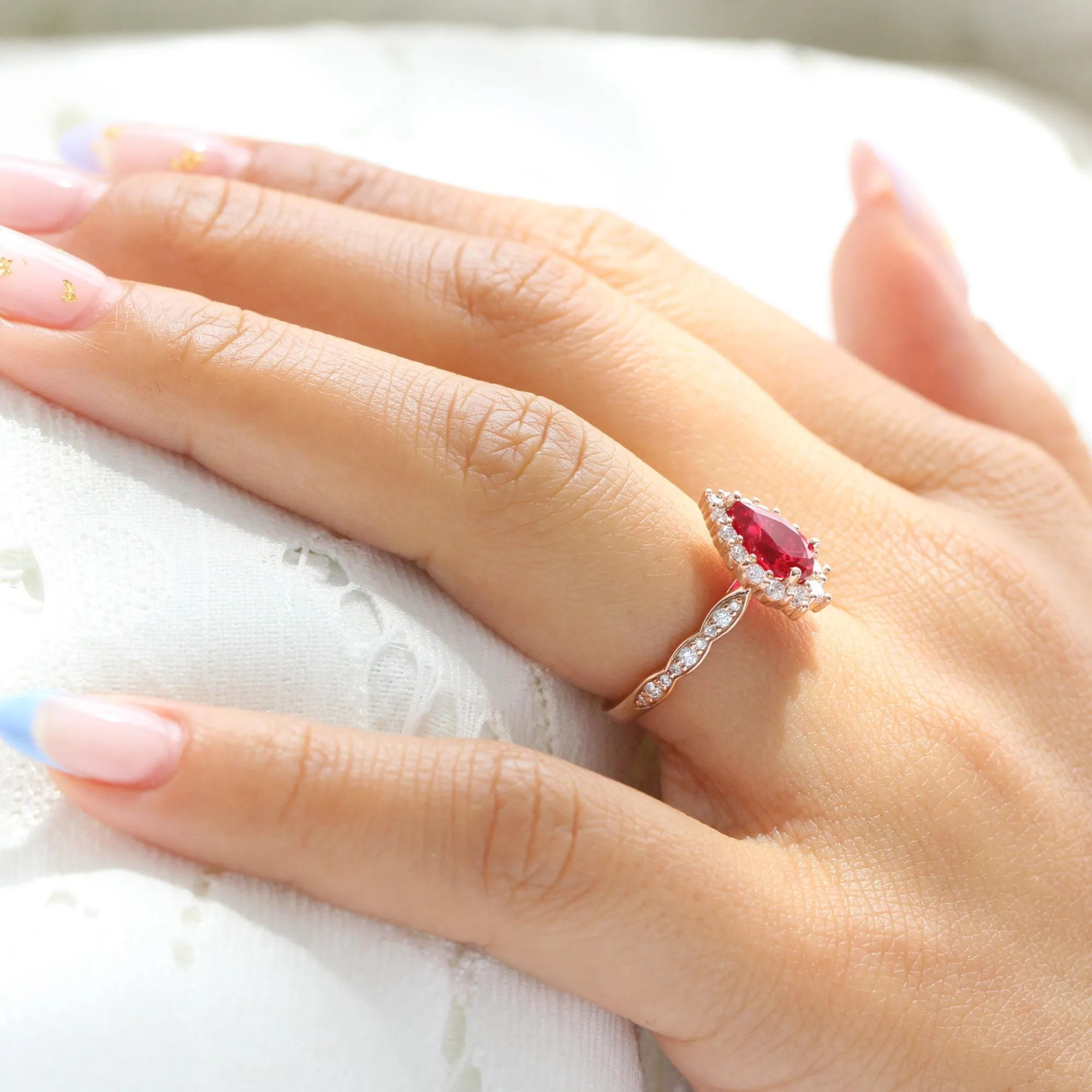 Large Pear Ruby Engagement Ring in Tiara Halo Diamond Scalloped Band