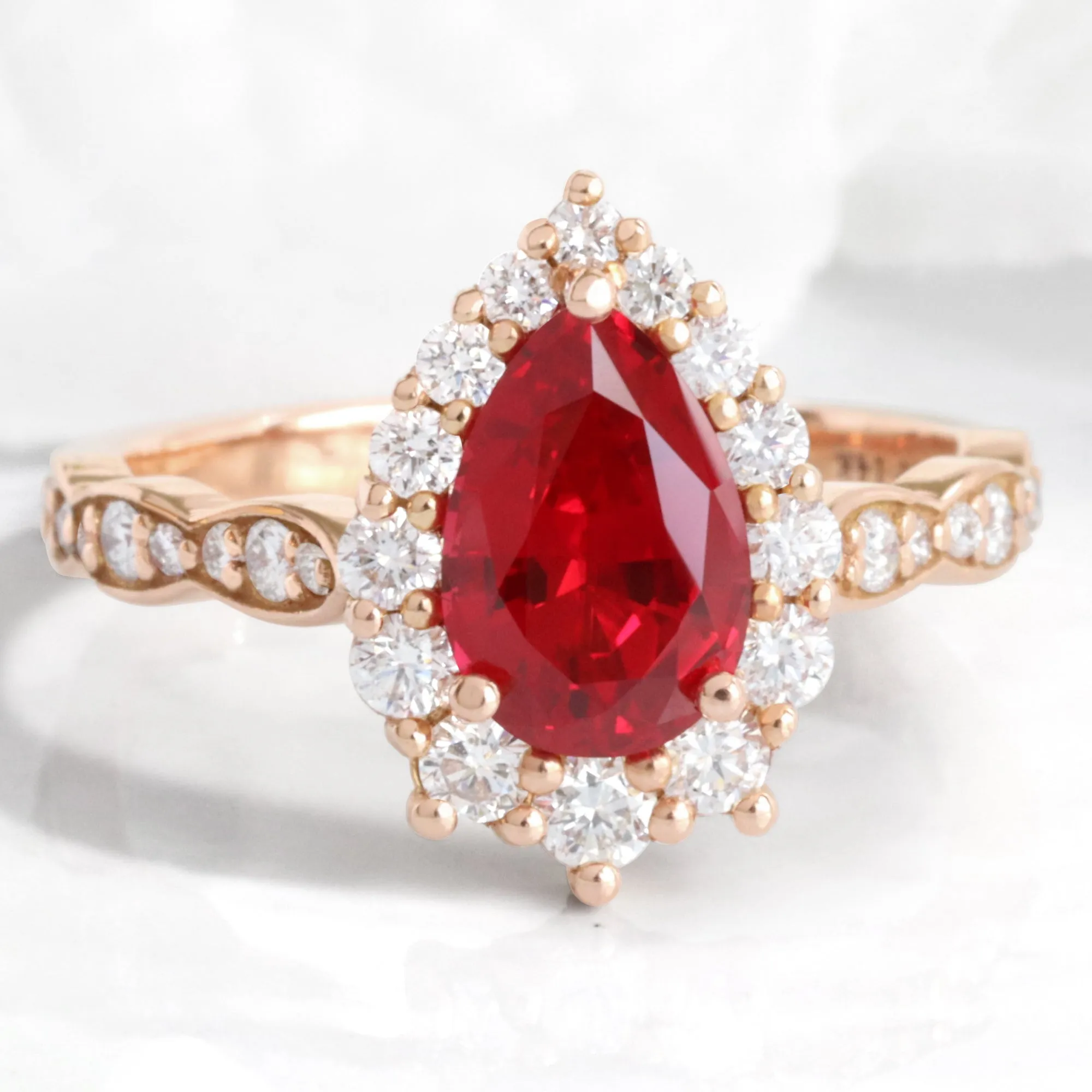 Large Pear Ruby Engagement Ring in Tiara Halo Diamond Scalloped Band