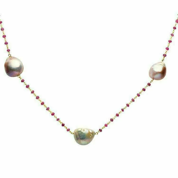 LARGE PINK SAPPHIRE & PINK PEARL 18K YELLOW GOLD 3D BY THE YARD TIN CUP NECKLACE