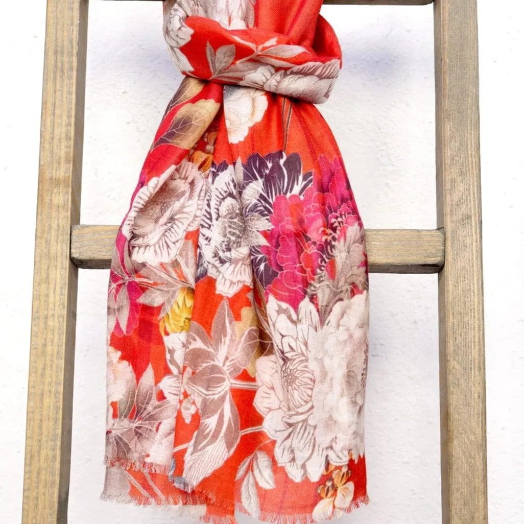 Lhasa Floral Wool & Silk Scarf/Wrap Red Orange