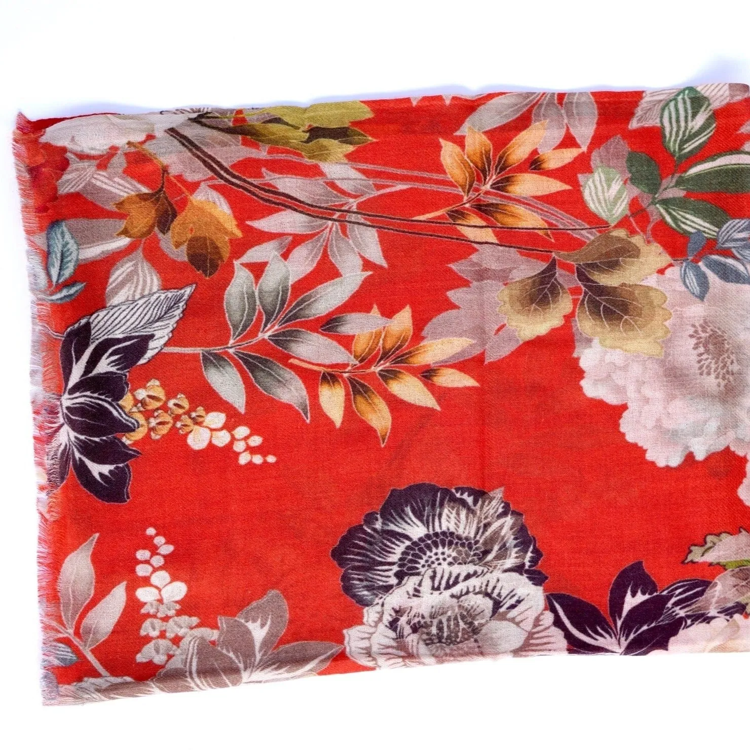 Lhasa Floral Wool & Silk Scarf/Wrap Red Orange