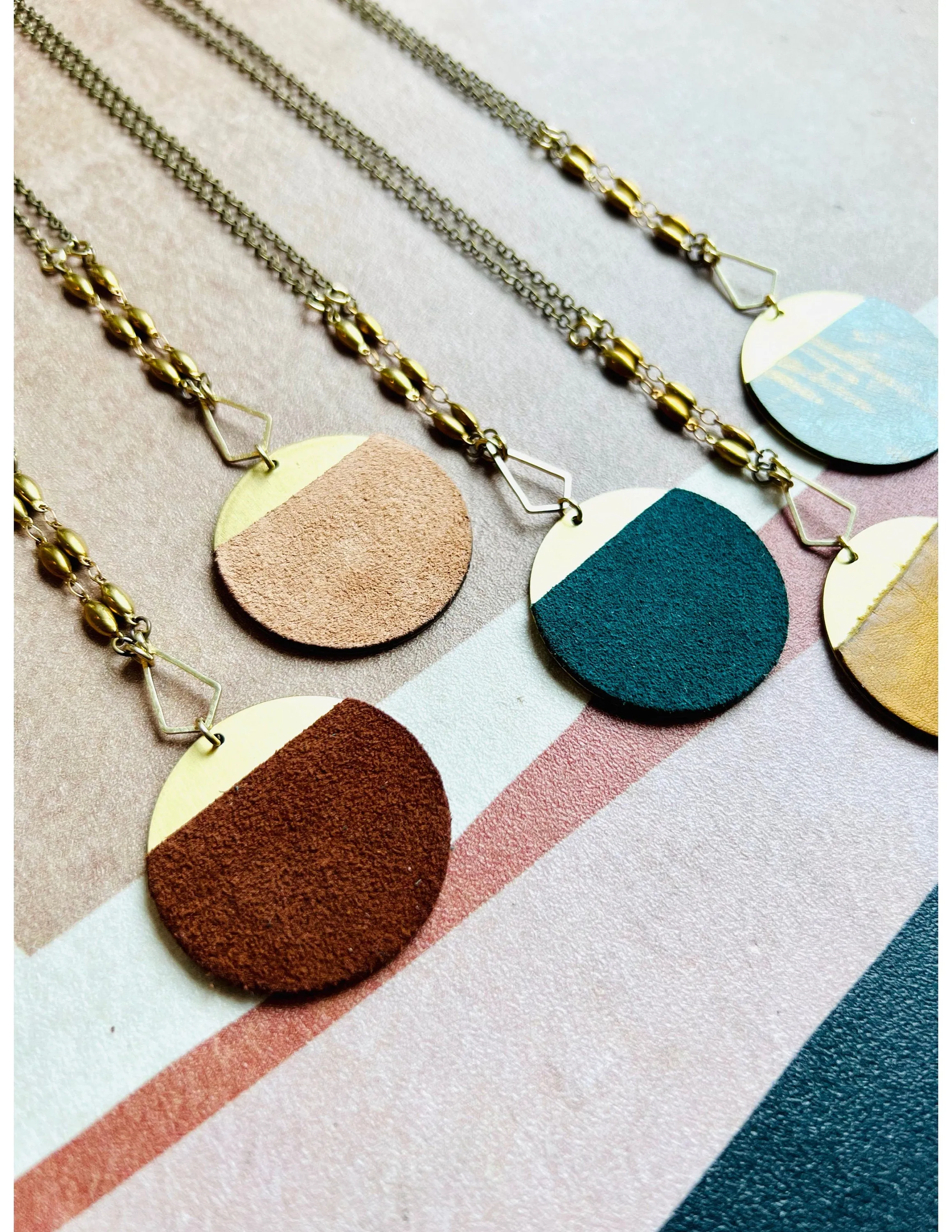 Long Disk Pendant Necklace - Brushed Brass and Leather With Vintage Chain