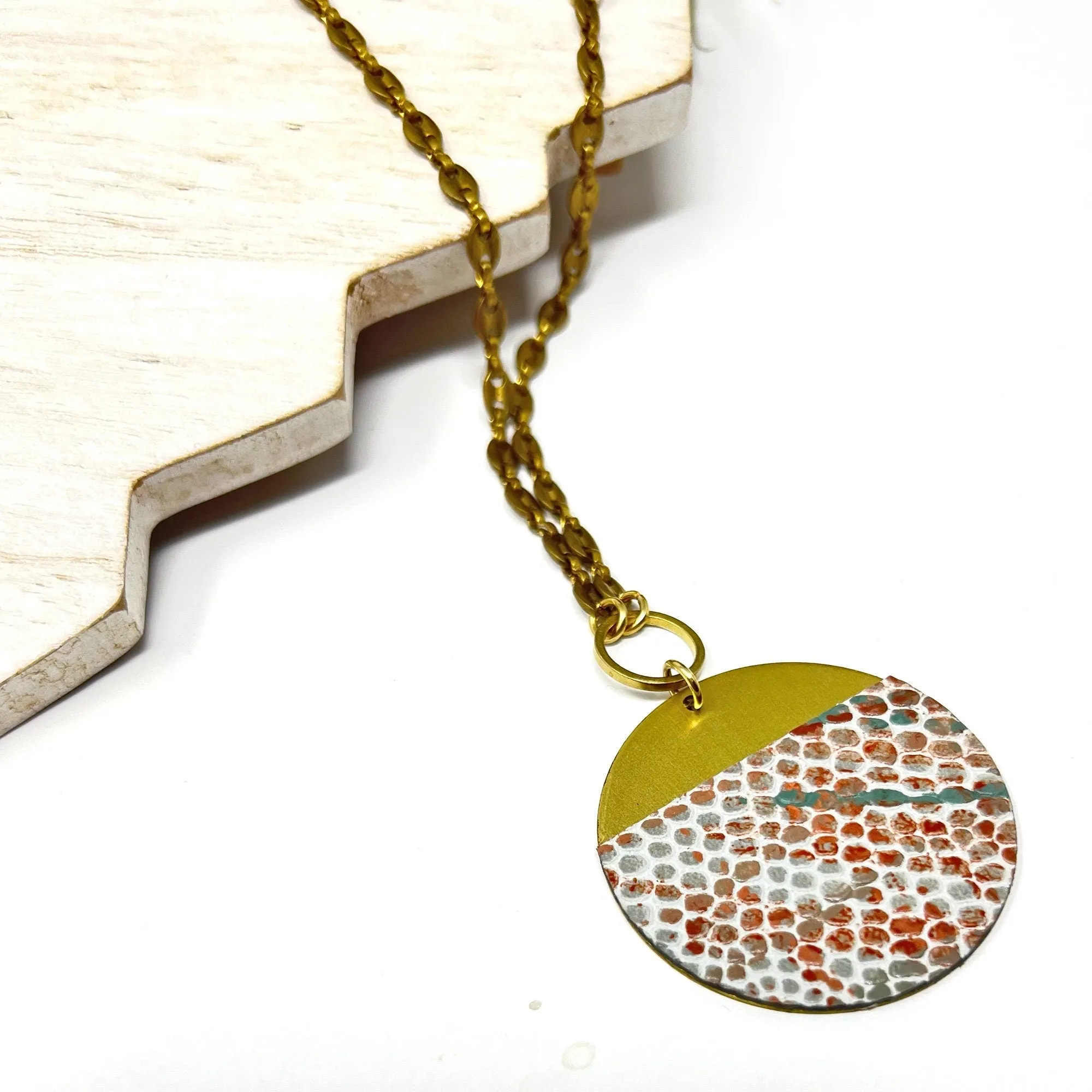 Long Disk Pendant Necklace - Brushed Brass and Leather With Vintage Chain