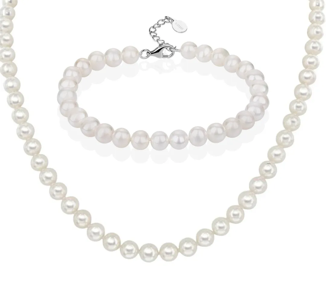 Long Pearl Necklace And Bracelet Set