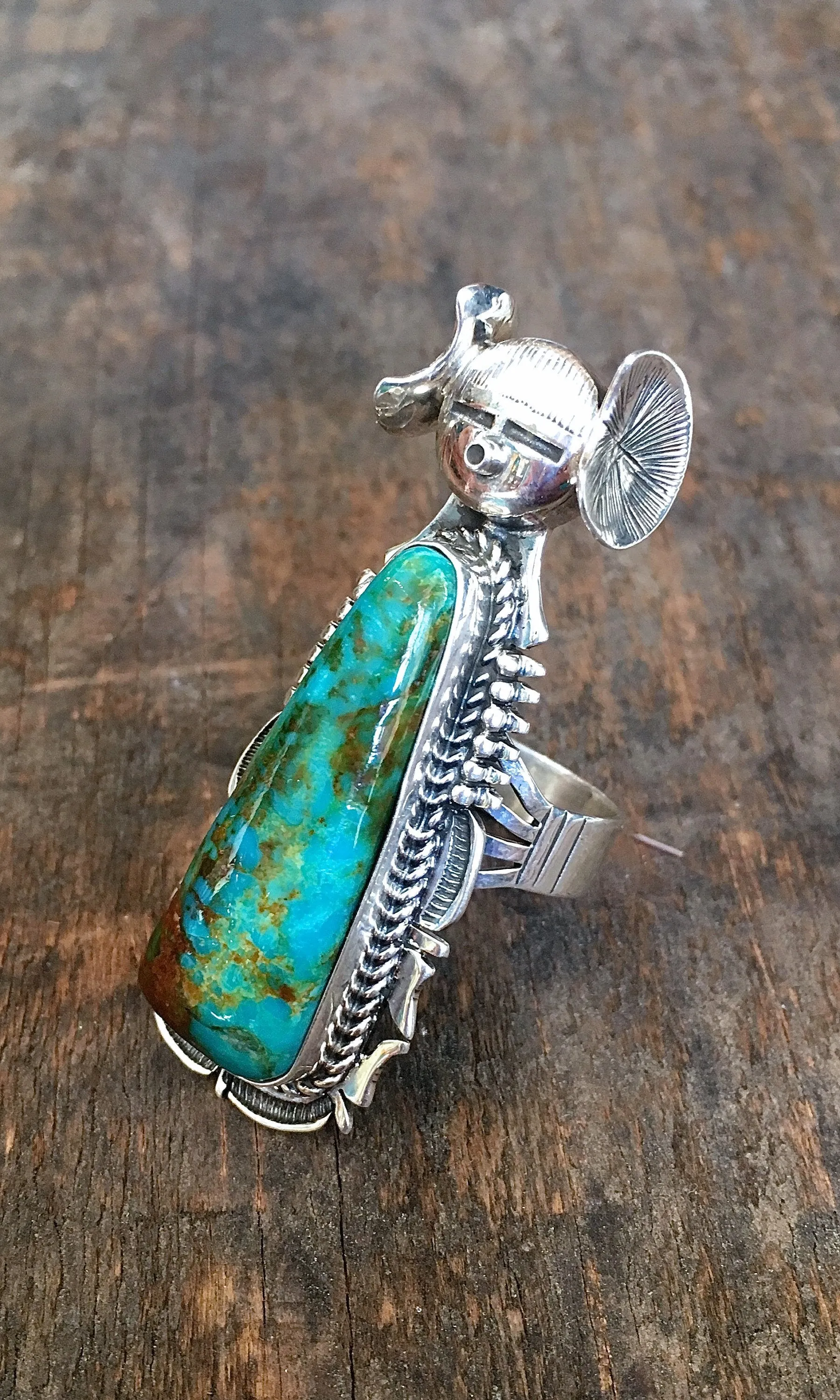 MAIDEN FORM Silver & Turquoise Lady Hopi Kachina Ring, Sz 9