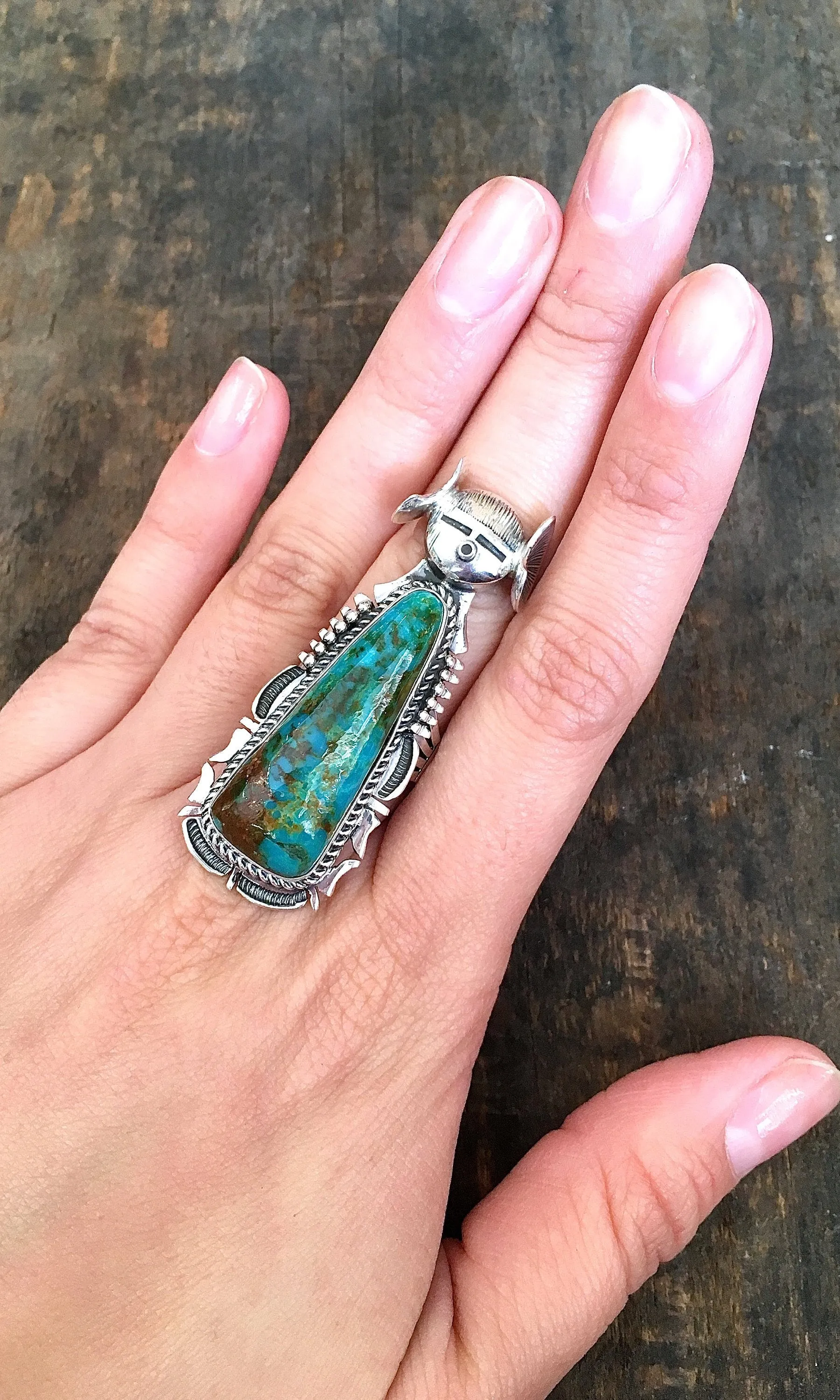 MAIDEN FORM Silver & Turquoise Lady Hopi Kachina Ring, Sz 9