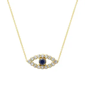 Medium Diamond Open Evil Eye Necklace with Blue Sapphire Center