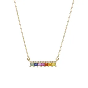 Meira T Diamond Rainbow Sapphire Bar Necklace in 14k Rose Gold