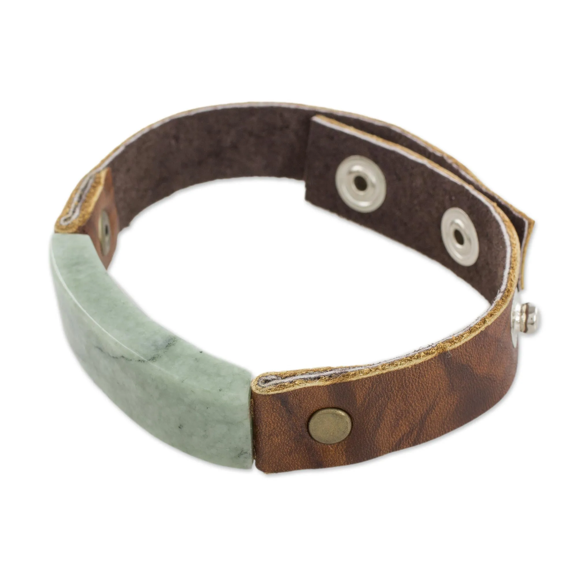 Men's Leather Wristband Bracelet with Light Green Jade - Light Green Maya Fortress | NOVICA