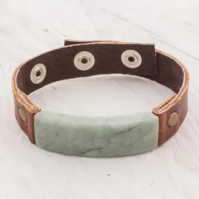 Men's Leather Wristband Bracelet with Light Green Jade - Light Green Maya Fortress | NOVICA