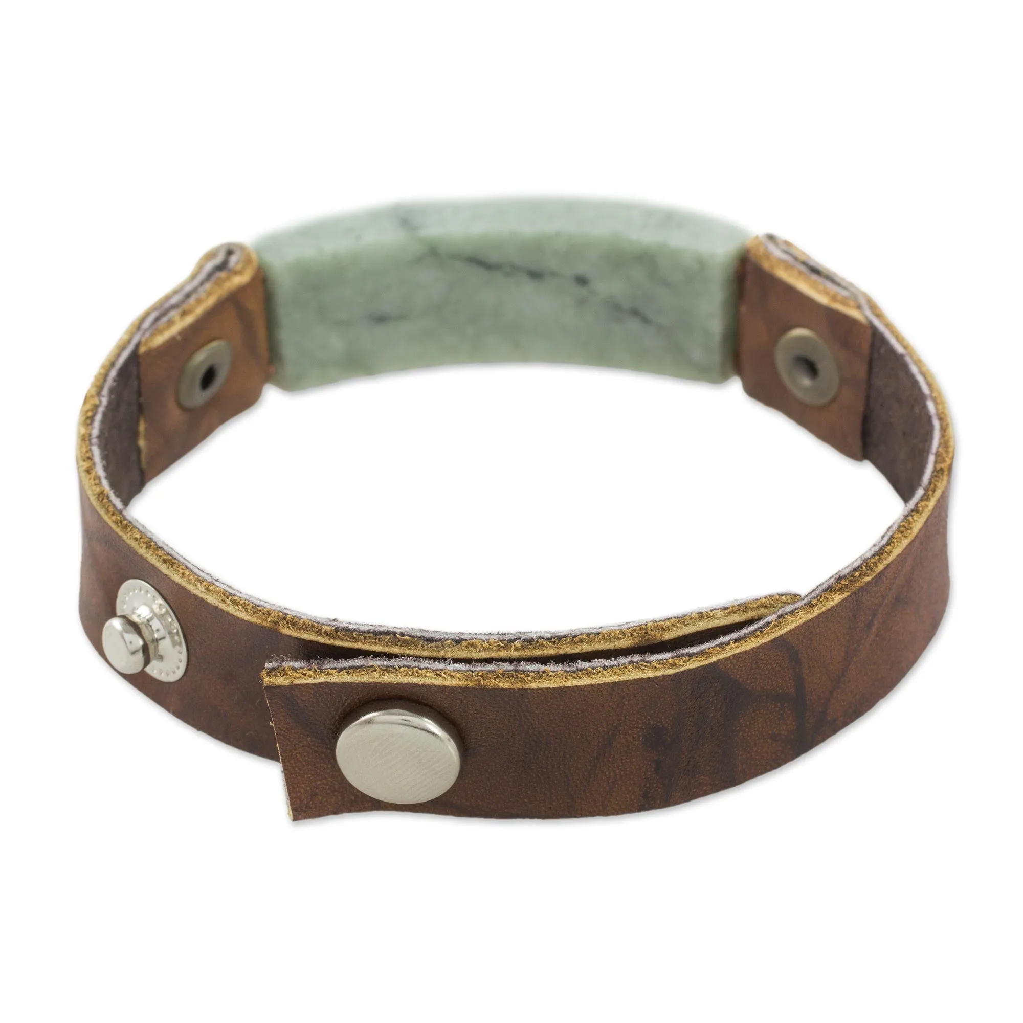 Men's Leather Wristband Bracelet with Light Green Jade - Light Green Maya Fortress | NOVICA