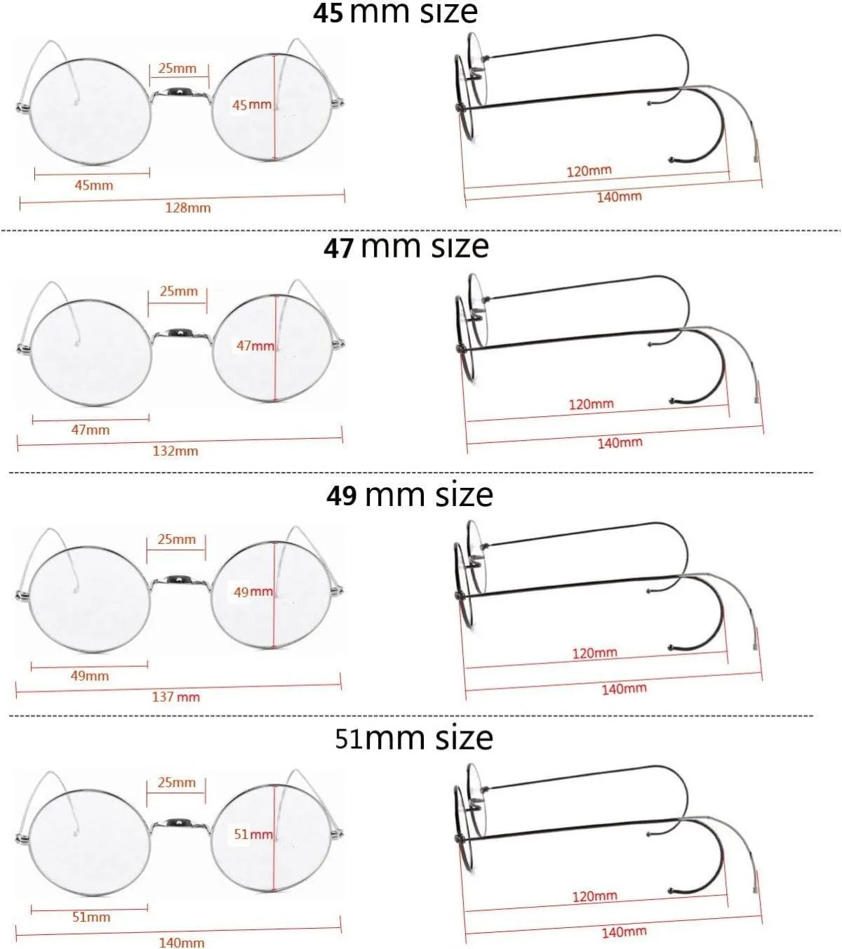 Mid/Large Round Wire Rim Glasses – No Nose Pads for Comfort A2149