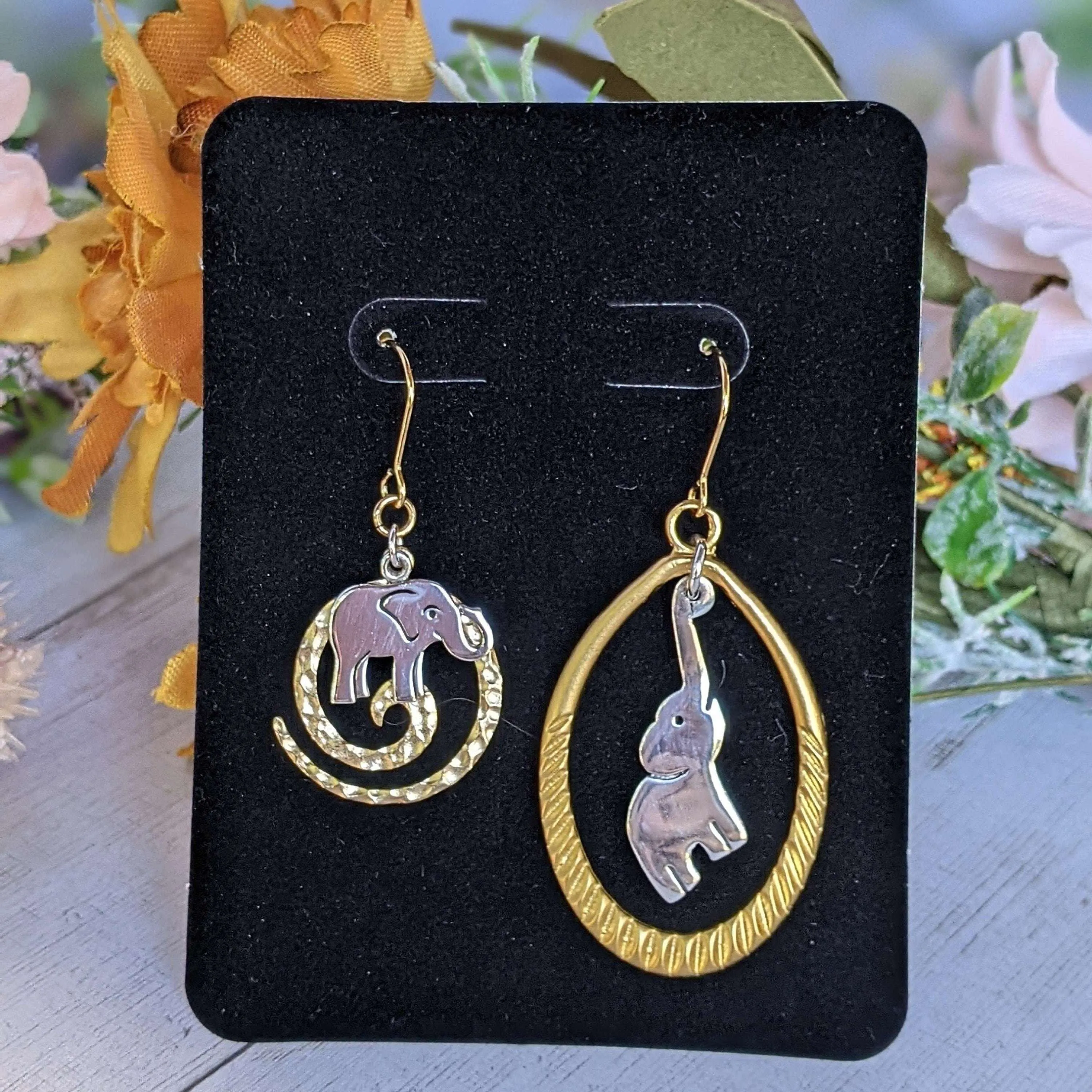 Mismatched Elephant two-tone hook earrings