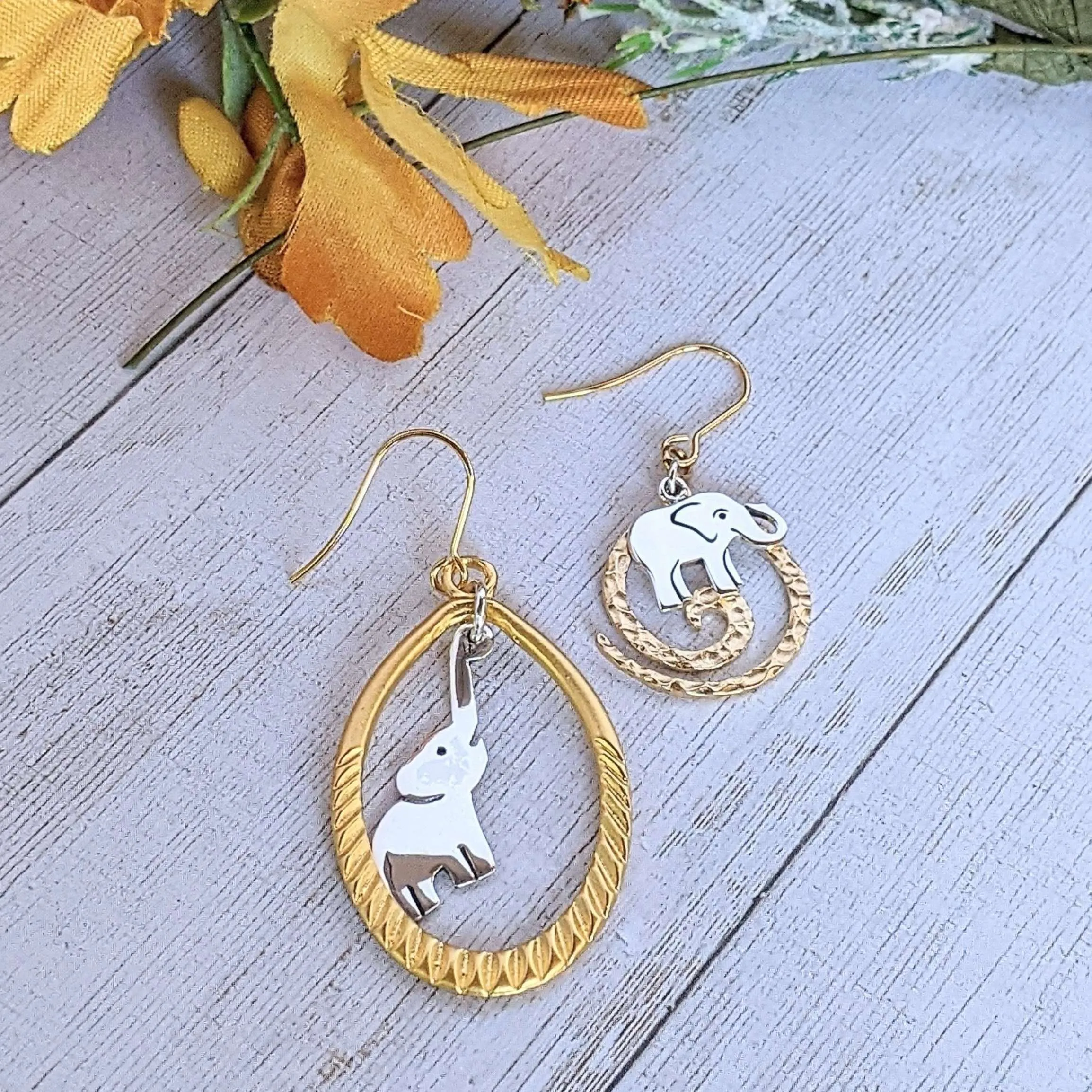 Mismatched Elephant two-tone hook earrings