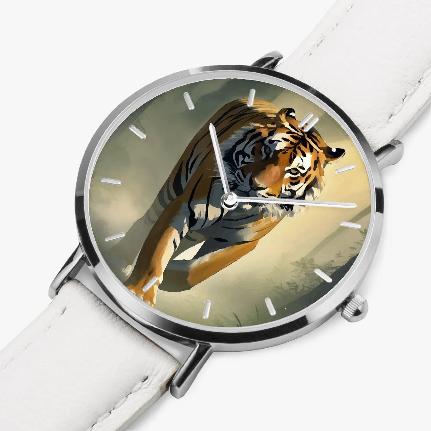 Montre à Quartz avec bracelet en cuir ultra-fin (Argent avec indicateur) "Tigre" (165)