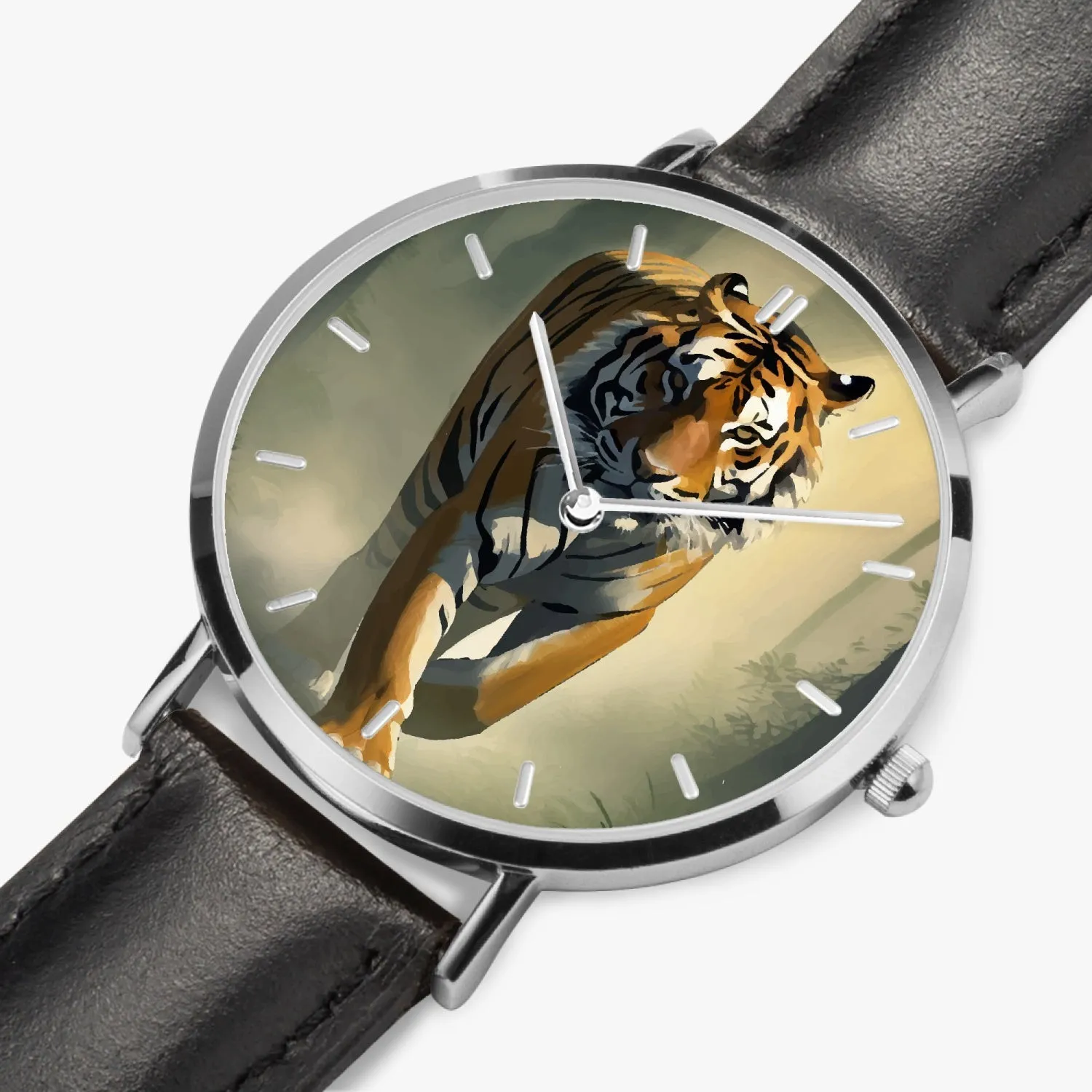 Montre à Quartz avec bracelet en cuir ultra-fin (Argent avec indicateur) "Tigre" (165)