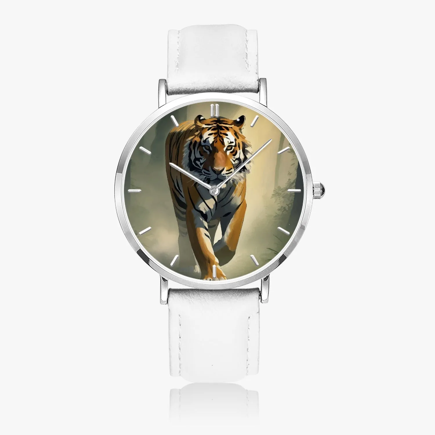 Montre à Quartz avec bracelet en cuir ultra-fin (Argent avec indicateur) "Tigre" (165)