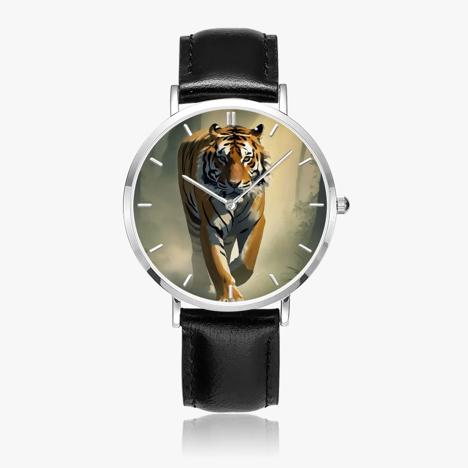 Montre à Quartz avec bracelet en cuir ultra-fin (Argent avec indicateur) "Tigre" (165)