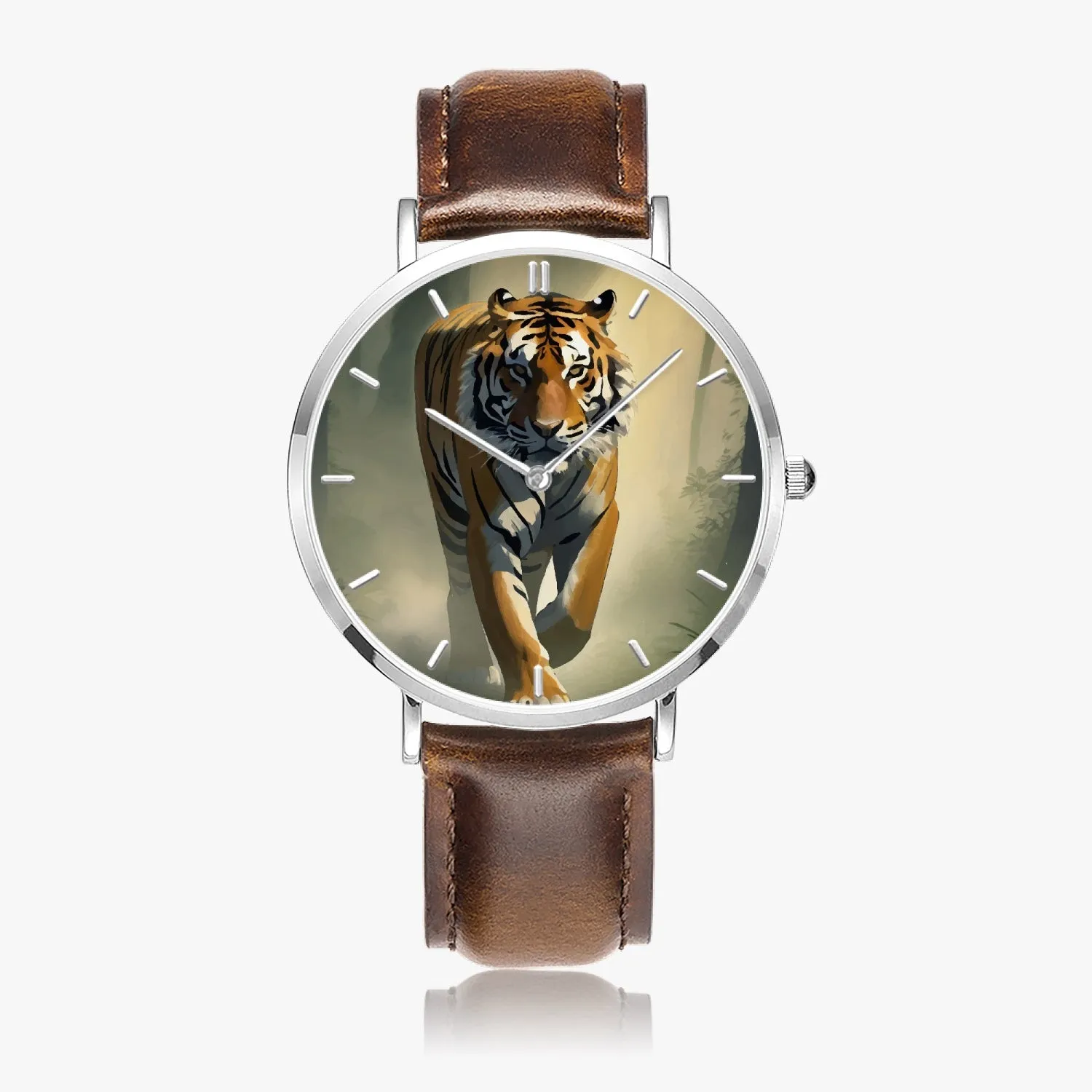 Montre à Quartz avec bracelet en cuir ultra-fin (Argent avec indicateur) "Tigre" (165)