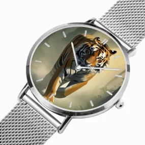 Montre à Quartz avec bracelet en cuir ultra-fin (Argent avec indicateur) "Tigre" (165)