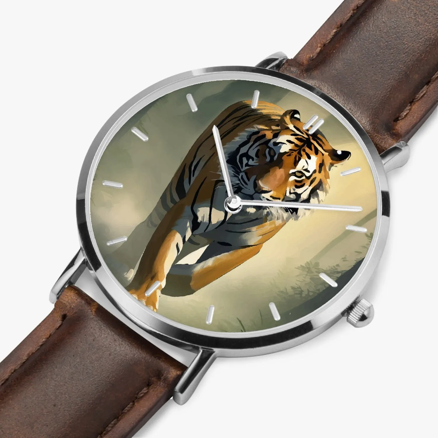 Montre à Quartz avec bracelet en cuir ultra-fin (Argent avec indicateur) "Tigre" (165)