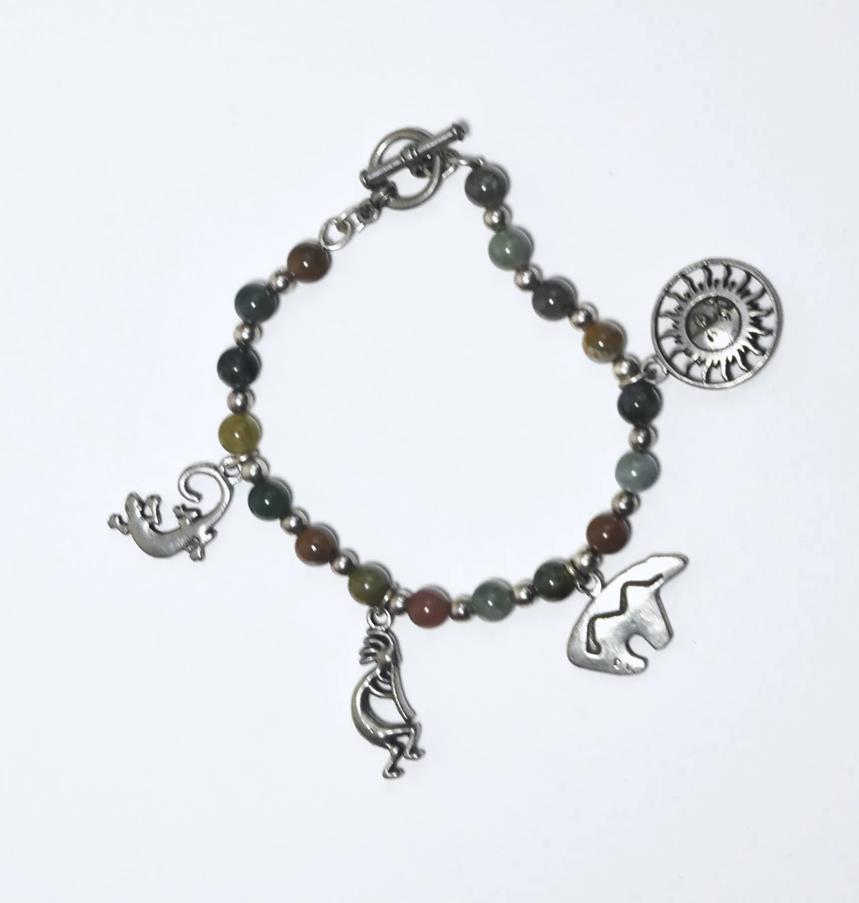 Moss Agate, Jade, Jaspers and More Beaded Bracelet with Southwestern Design Charms