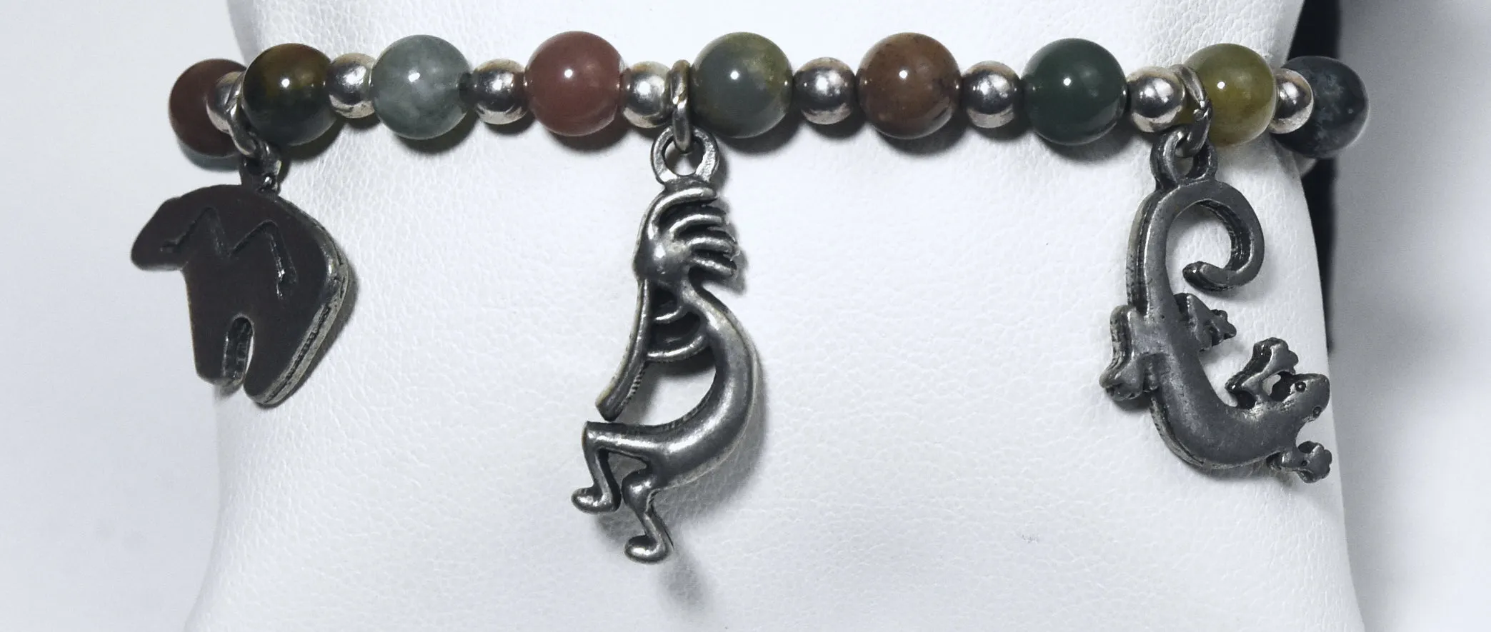 Moss Agate, Jade, Jaspers and More Beaded Bracelet with Southwestern Design Charms