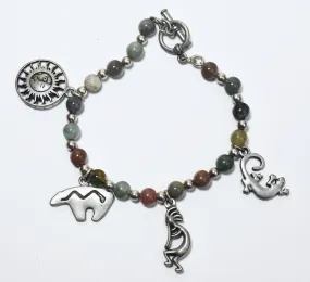 Moss Agate, Jade, Jaspers and More Beaded Bracelet with Southwestern Design Charms