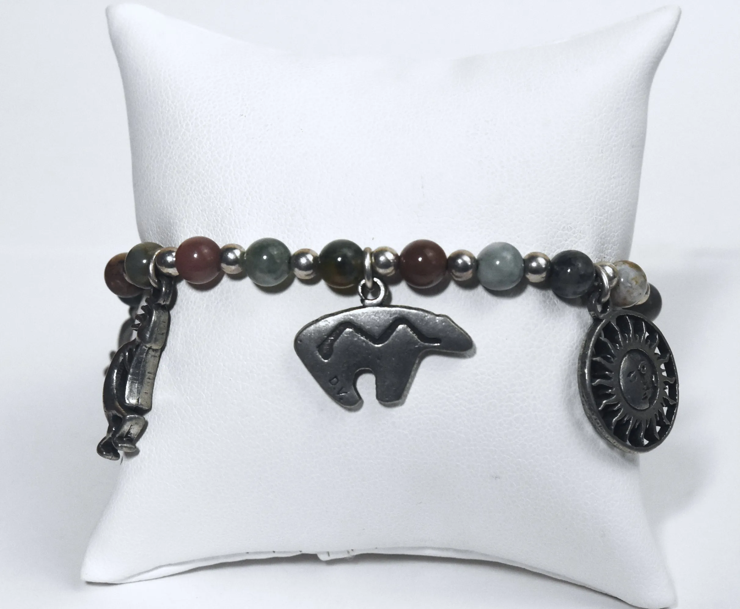 Moss Agate, Jade, Jaspers and More Beaded Bracelet with Southwestern Design Charms