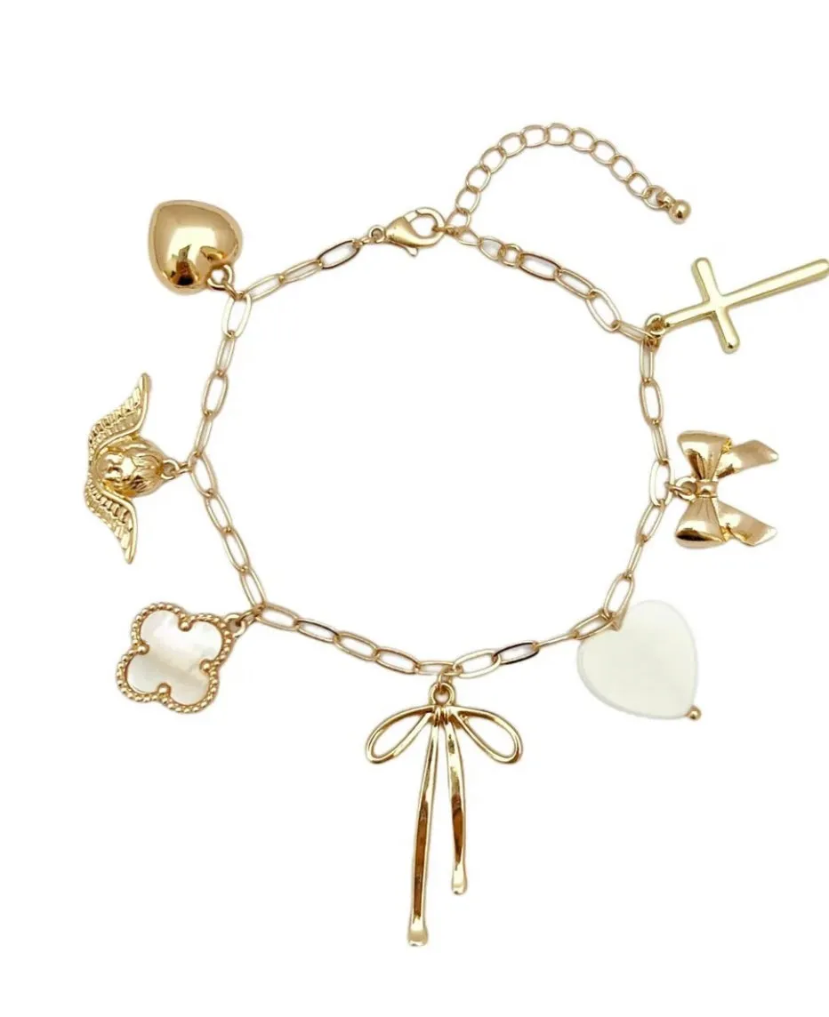 Mother of Pearl Clover, Heart, Bow Charm Bracelet with Extention