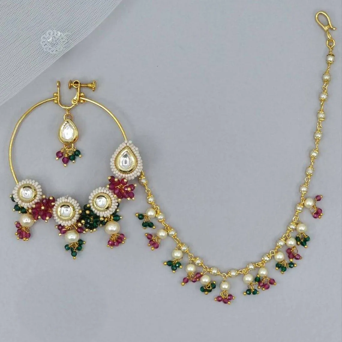 Multicolor Gold plated Kundan Bridal Nose Ring with chain