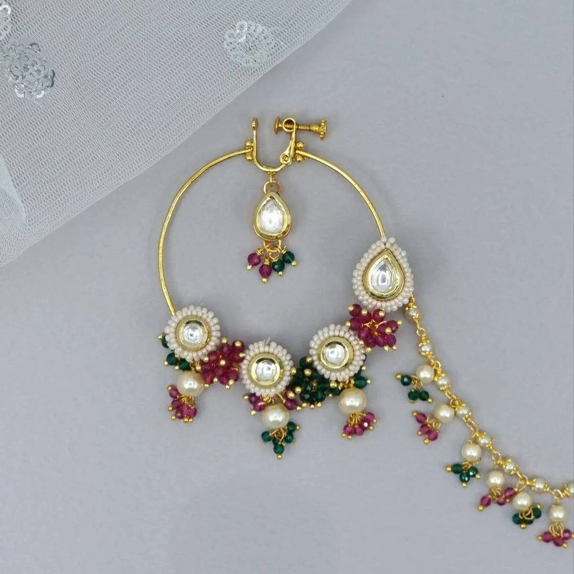 Multicolor Gold plated Kundan Bridal Nose Ring with chain